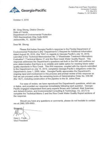 Georgia Pacific Cover Letter to FDEP - October 4, 2010 - Florida ...