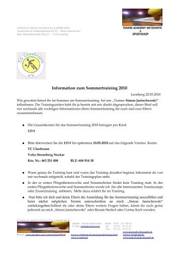 Information zum Sommertraining 2010 - TC Cleebronn eV