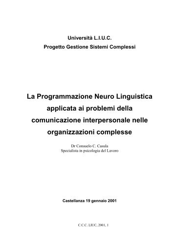 La Programmazione Neuro Linguistica applicata ai problemi della ...