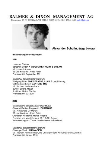 Alexander Schulin, Stage Director - BALMER & DIXON ...