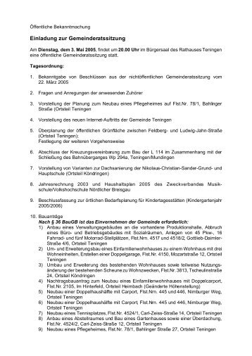 Einladung zur Gemeinderatssitzung - Gemeinde Teningen