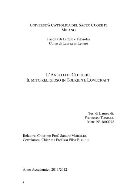 Facoltà di Lettere e Filosofia Corso di Laurea in Lettere L'ANELLO ...