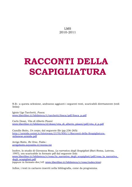 Racconti della Scapigliatura - Italianistica e Spettacolo