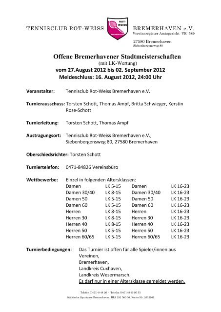 Offene Bremerhavener Stadtmeisterschaften - beim Tennisclub Rot ...