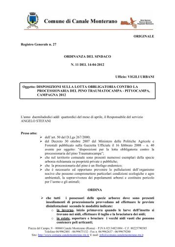 ordinanza del Sindaco - Comune di Canale Monterano
