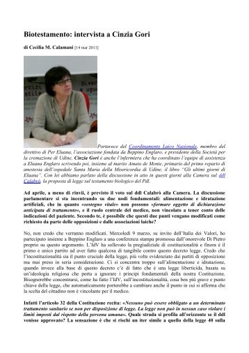 Biotestamento: intervista a Cinzia Gori - Associazione Per Eluana