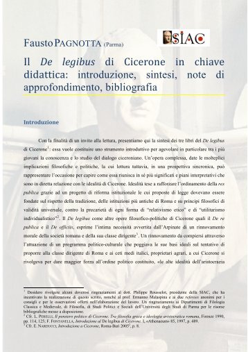 Fausto PAGNOTTA, Il De legibus di Cicerone in chiave ... - Tulliana