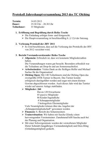 Protokoll der Hauptversammlung - Tcolching.de