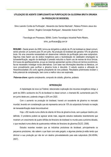 UTILIZAÇÃO DE AGENTE COMPLEXANTE NA PURIFICAÇÃO DA ...