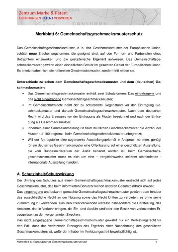 Merkblatt 6: Europäischer Geschmacksmusterschutz - TGZ Würzburg