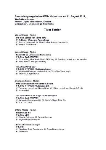 Tibet Terrier KTR-Klubschau 2012 Ergebnisse