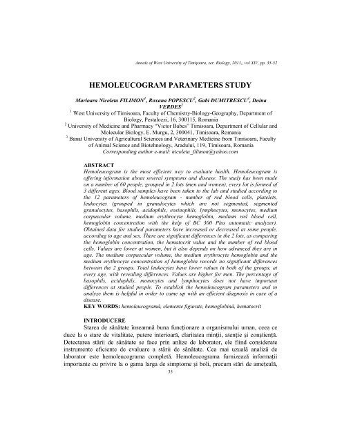 Hemoleucogram Parameters Study Biologie