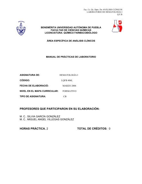 Lab. Hematología I - Facultad de Ciencias Químicas - Benemérita ...