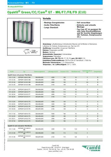 Opakfil Green/CC/Cam GT - M6/F7/F8/F9 (E10) - Camfil Farr