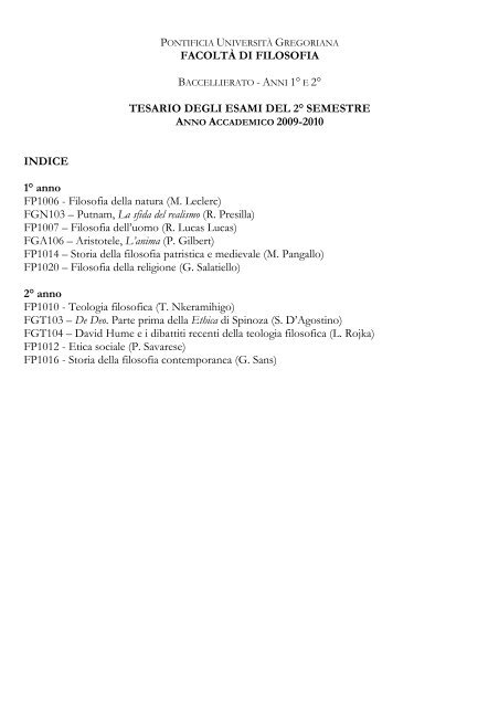 Pontificia Università Gregoriana - Facoltà di Filosofia - Tesario degli ...