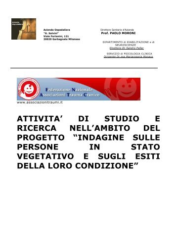 Ambito Del Progetto “Indagine Sulle Persone In Stato Vegetativo E