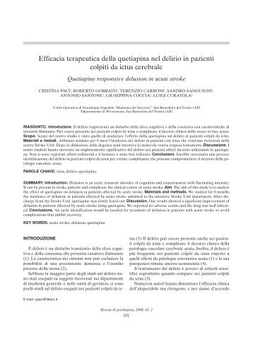 Efficacia terapeutica della quetiapina nel delirio in pazienti colpiti da ...