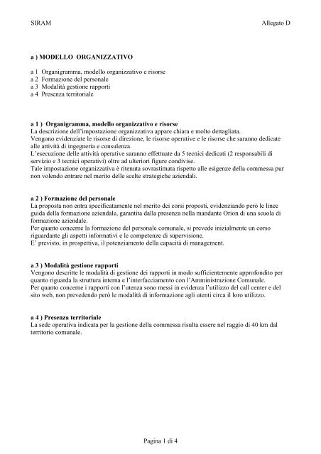 SIRAM Allegato D Pagina 1 di 4 a ) MODELLO ORGANIZZATIVO a 1 ...