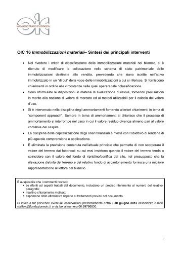 OIC 16 Immobilizzazioni materiali– Sintesi dei principali interventi