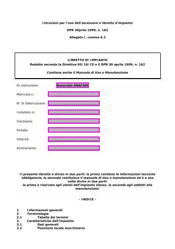 Istruzioni uso ascensori e libretto d'impianto - ANACAM