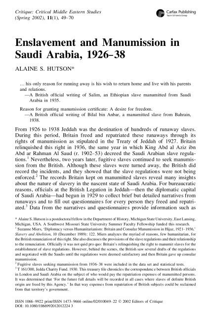 Enslavement and Manumission in Saudi Arabia, 1926-38