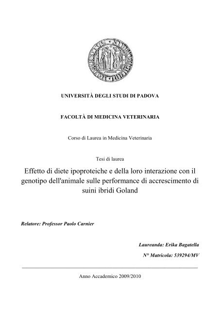 Effetto di diete ipoproteiche e della loro interazione con il genotipo ...