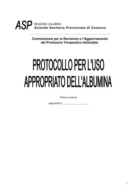 protocollo per l'uso appropriato dell'albumina - ASP di Cosenza