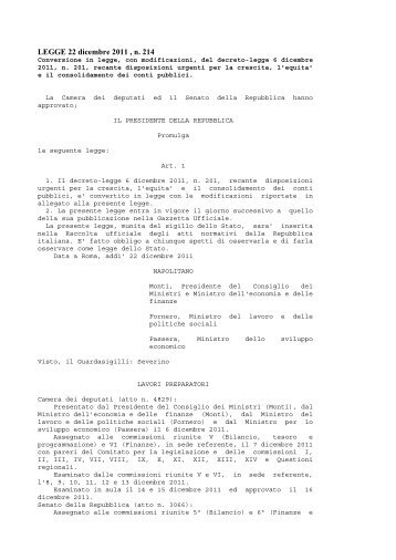 LEGGE 22 dicembre 2011 , n. 214 - Ministero del lavoro, salute e ...