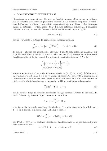 1. DISCUSSIONE DI WEIERSTRASS Si considera un punto ...