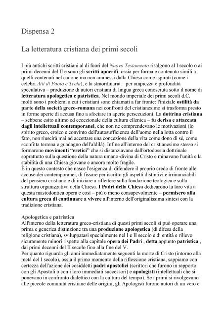 Dispensa 2 La letteratura cristiana dei primi secoli