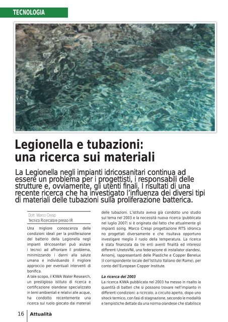 Legionella e tubazioni: una ricerca sui materiali - Istituto Italiano del ...