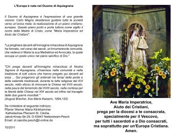 Ave Maria Imperatrice, Aiuto dei Cristiani, prega per la diocesi a te ...