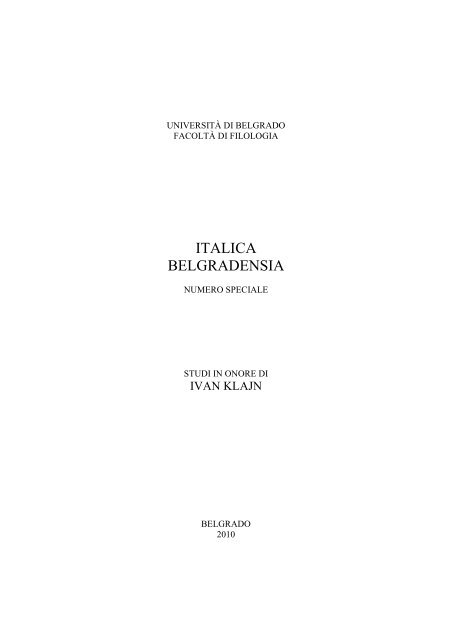 Italica Belgradensia – Studi in onore di Ivan Klajn - Filološki fakultet