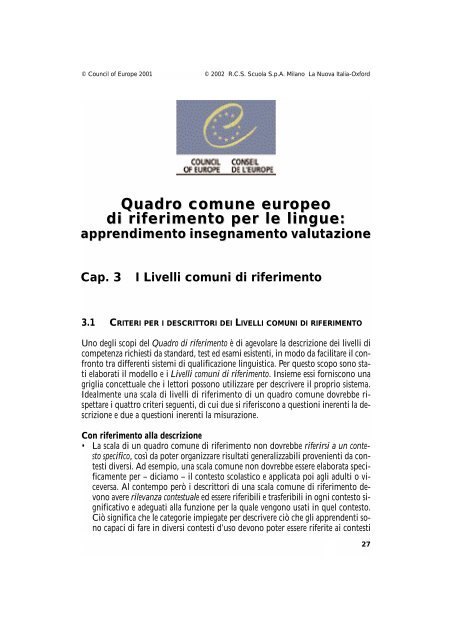 Quadro comune europeo di riferimento per le lingue: - Italiano per lo ...