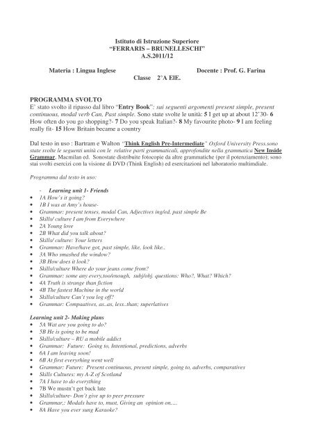 Lingua Inglese Docente Prof G Far Iis G Ferraris F Brunelleschi