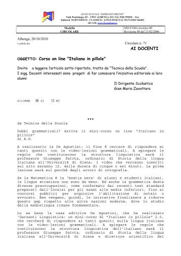 AI DOCENTI OGGETTO: Corso on line "Italiano in ... - Liceo G.Bruno