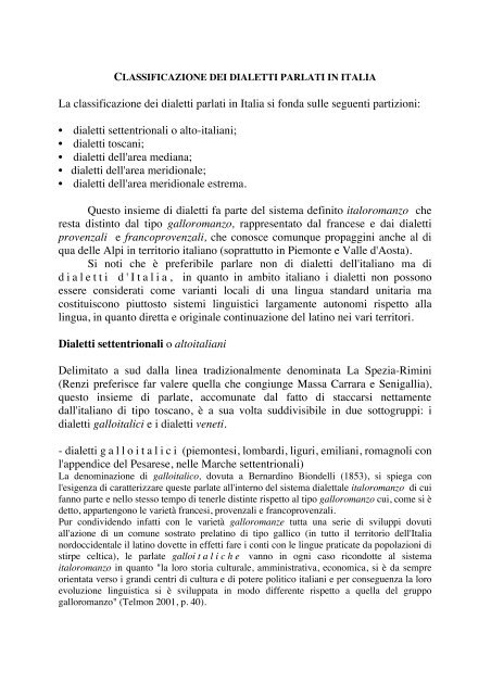 Classificazione dei dialetti parlati in Italia