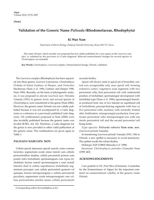 Validation of the Generic Name Palisada (Rhodomelaceae ... - algae