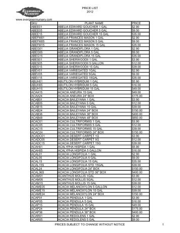 price list 2012 sku plant name price abee01 - Evergreen Nursery