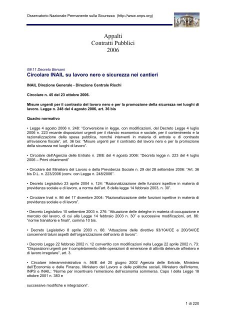 Appalti Contratti Pubblici 2006 - Onps