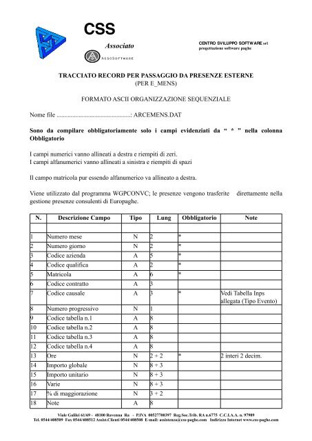 TRACCIATO RECORD PER PASSAGGIO DA ... - Elco Sistemi