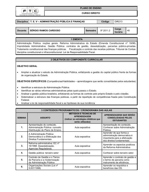 PLANO DE ENSINO CURSO DIREITO Disciplina T. E. V ...