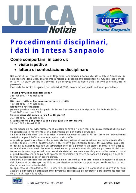 Procedimenti disciplinari, i dati in Intesa Sanpaolo - Uilca