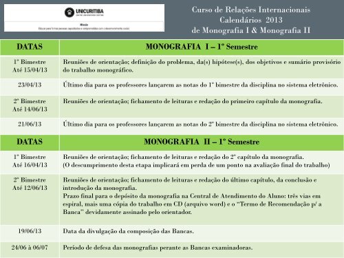 Calendário do TCC de Relações Internacionais 2013 - Unicuritiba