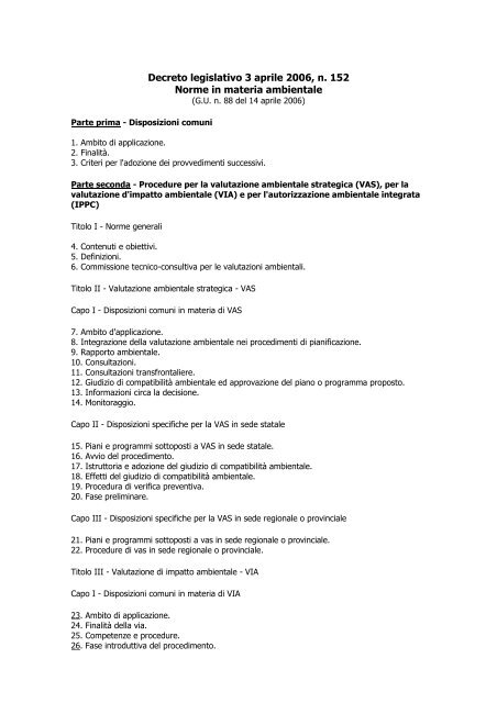 Decreto legislativo 3 aprile 2006, n. 152 Norme in materia ambientale