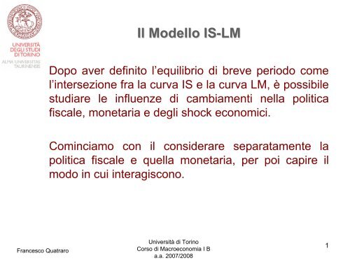 Il Modello Modello IS-LM - Facoltà di Lettere e Filosofia