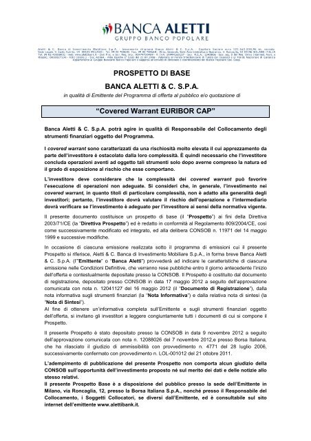 Prospetto Di Base Banca Aletti C S P A Banca Carim