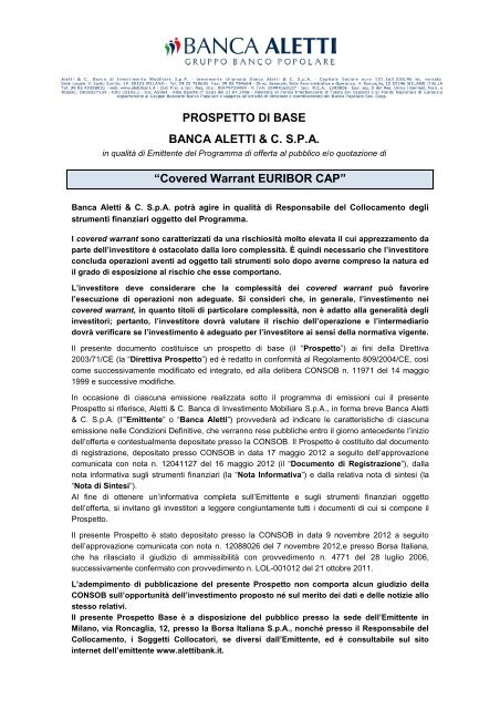 PROSPETTO DI BASE BANCA ALETTI &amp; C. S.P.A. ... - Banca CARIM