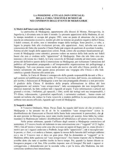 1 LA POSIZIONE ATTUALE (NON UFFICIALE) DELLA CURIA ...