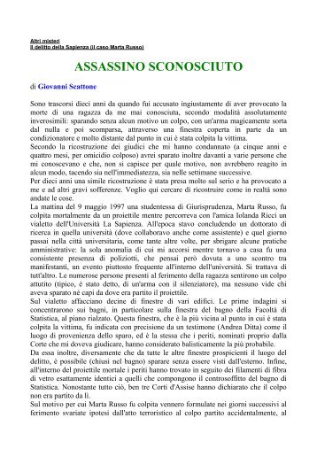 ASSASSINO SCONOSCIUTO di Giovanni Scattone - Misteri d'Italia